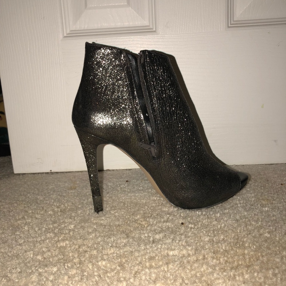 peep toe stiletto booties, gray and sparkly
